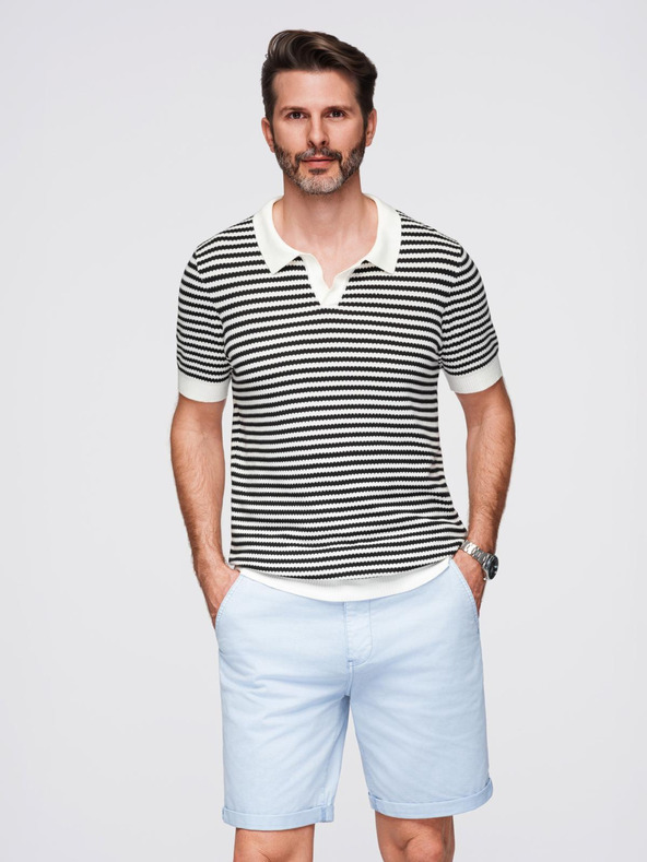 Ombre Clothing Férfi kötött gomblyuk nélküli pólóing tengeri csíkokkal - fekete-fehér