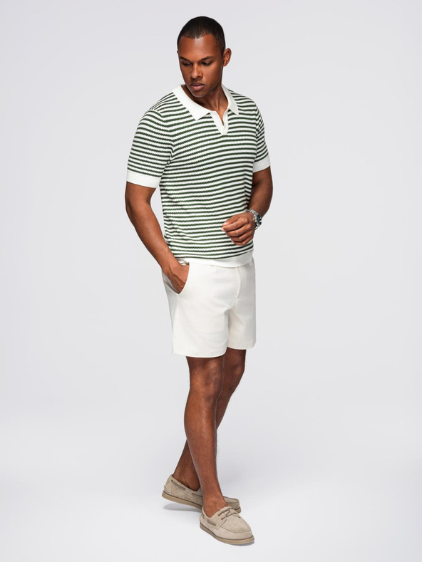 Ombre Clothing Férfi kötött gomblyuk nélküli pólóing tengeri csíkokkal - fehér és olívazöld