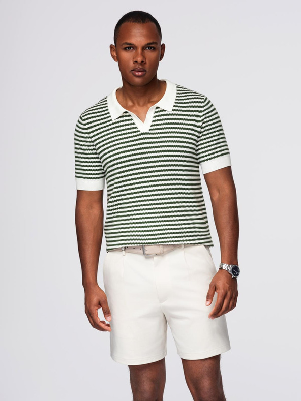 Ombre Clothing Férfi kötött gomblyuk nélküli pólóing tengeri csíkokkal - fehér és olívazöld