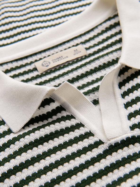 Ombre Clothing Férfi kötött gomblyuk nélküli pólóing tengeri csíkokkal - fehér és olívazöld