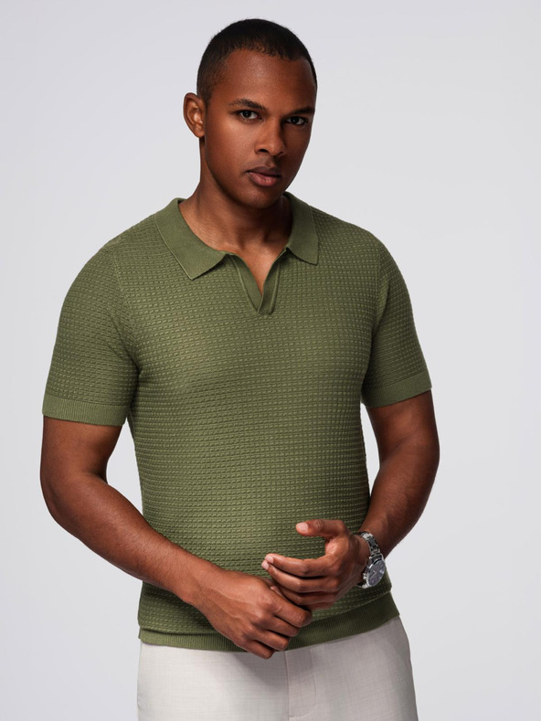 Ombre Clothing Férfi kötött gomblyuk nélküli pólóing - olíva