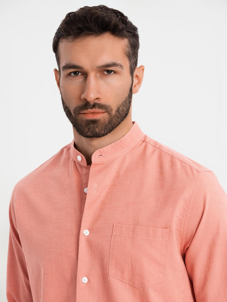 Ombre Clothing Férfi vászon ing álló gallérral és zsebbel REGULAR FIT - rózsaszín