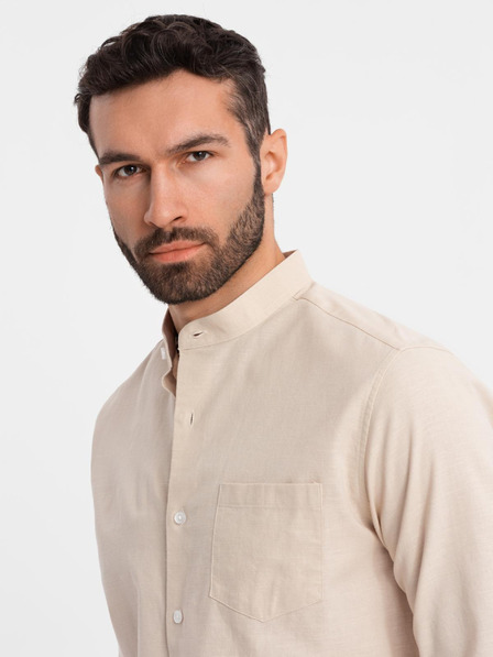 Ombre Clothing Férfi vászon ing álló gallérral és zsebbel REGULAR FIT - krém