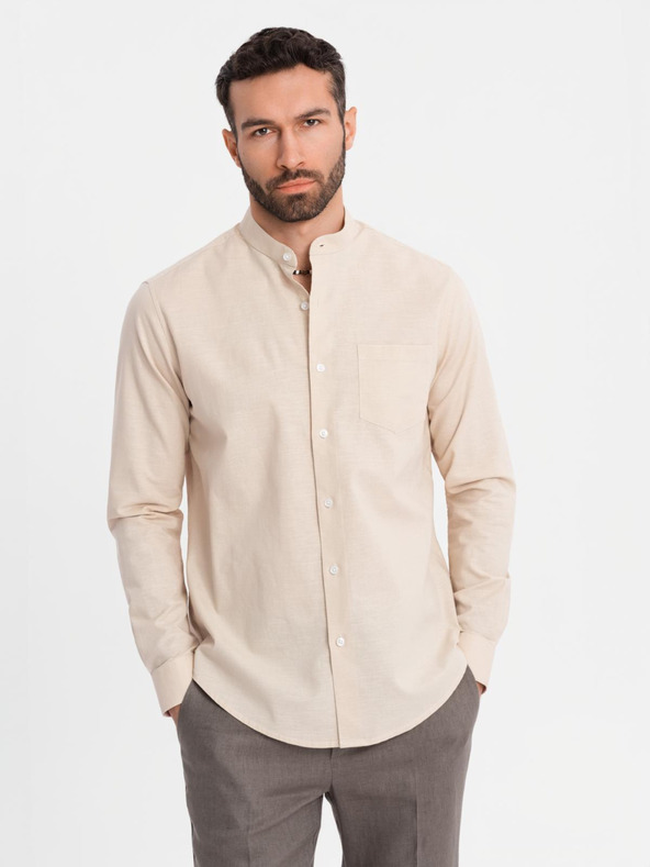 Ombre Clothing Férfi vászon ing álló gallérral és zsebbel REGULAR FIT - krém
