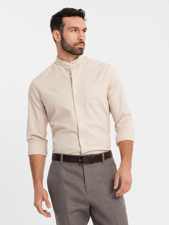 Ombre Clothing Férfi vászon ing álló gallérral és zsebbel REGULAR FIT - krém