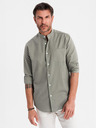 Ombre Clothing Férfi vászon ing álló gallérral és zsebbel REGULAR FIT - khaki