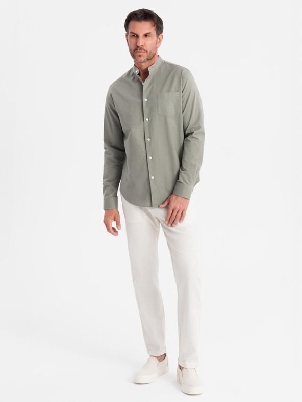 Ombre Clothing Férfi vászon ing álló gallérral és zsebbel REGULAR FIT - khaki
