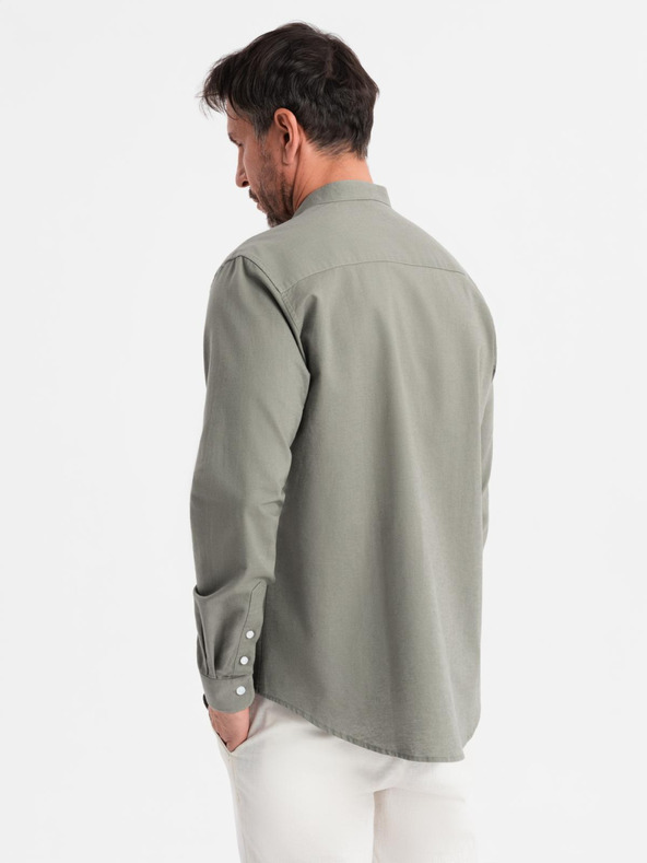 Ombre Clothing Férfi vászon ing álló gallérral és zsebbel REGULAR FIT - khaki