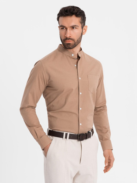 Ombre Clothing Férfi vászon ing álló gallérral és zsebbel REGULAR FIT - világosbarna