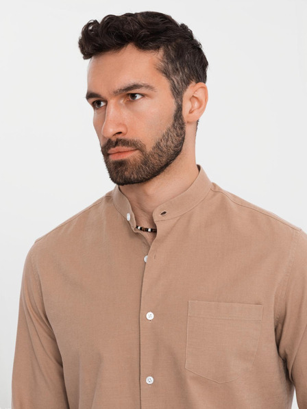Ombre Clothing Férfi vászon ing álló gallérral és zsebbel REGULAR FIT - világosbarna