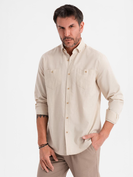 Ombre Clothing Férfi vászon ing klasszikus gallérral és zsebbel REGULAR FIT - krém