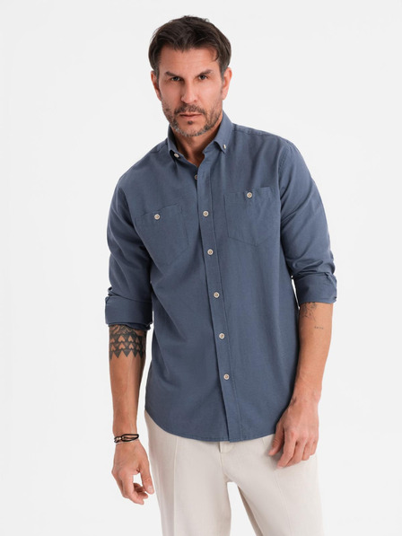 Ombre Clothing Férfi vászon ing klasszikus gallérral és zsebbel REGULAR FIT - kék