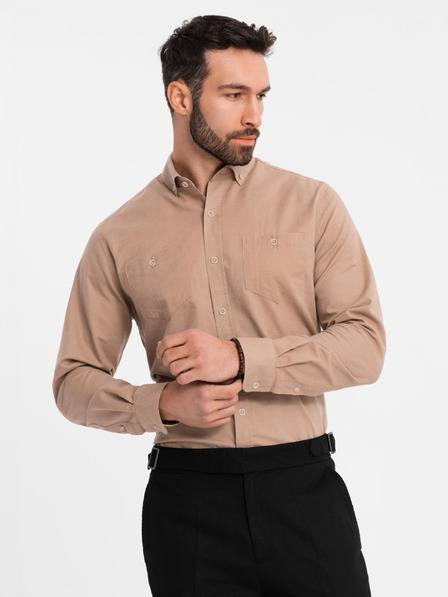 Ombre Clothing Férfi len ing klasszikus gallérral és zsebbel REGULAR FIT - világosbarna