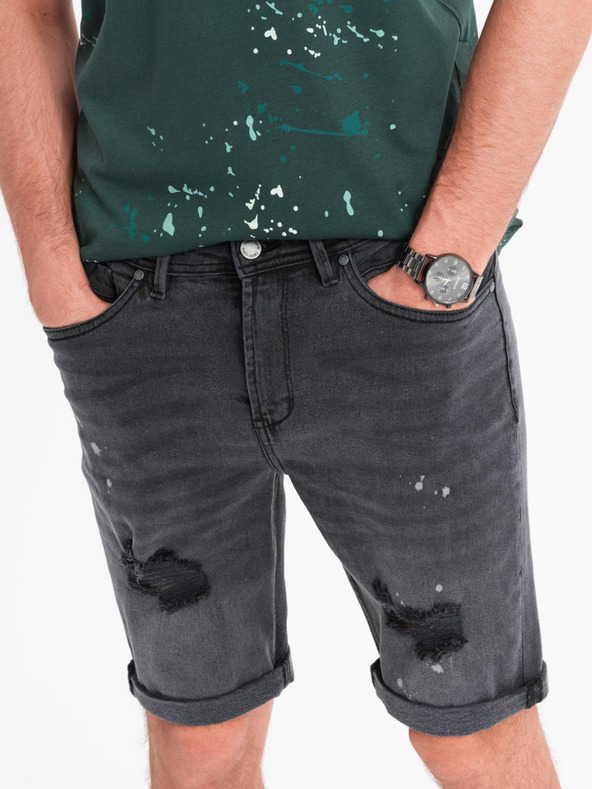 Ombre Clothing Férfi rövid farmer rövidnadrág szakadással és felhajtott szárral - szürke