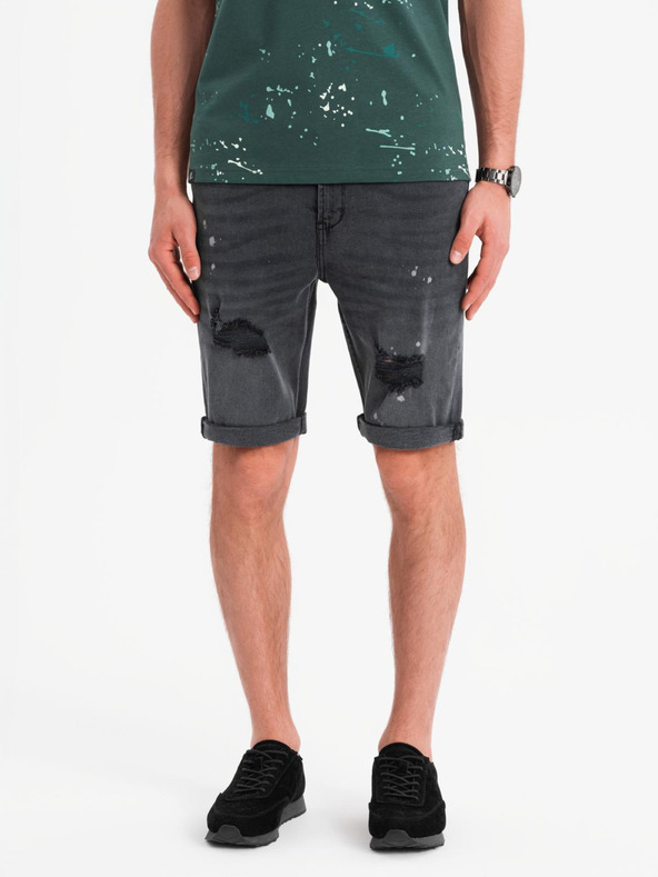 Ombre Clothing Férfi rövid farmer rövidnadrág szakadással és felhajtott szárral - szürke