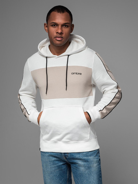 Ombre Clothing Férfi pamut kapucnis pulóver kontrasztos részletekkel - fehér