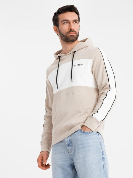 Ombre Clothing Férfi pamut kapucnis pulóver kontrasztos elemekkel - bézs