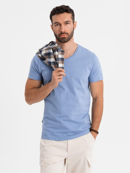 Ombre Clothing Férfi klasszikus pamut póló BASIC V-nyakkal - kék
