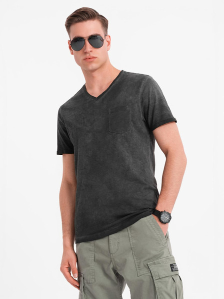 Ombre Clothing Férfi V-nyakú pamut póló mosott hatással - fekete