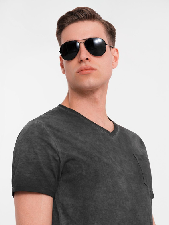 Ombre Clothing Férfi V-nyakú pamut póló mosott hatással - fekete