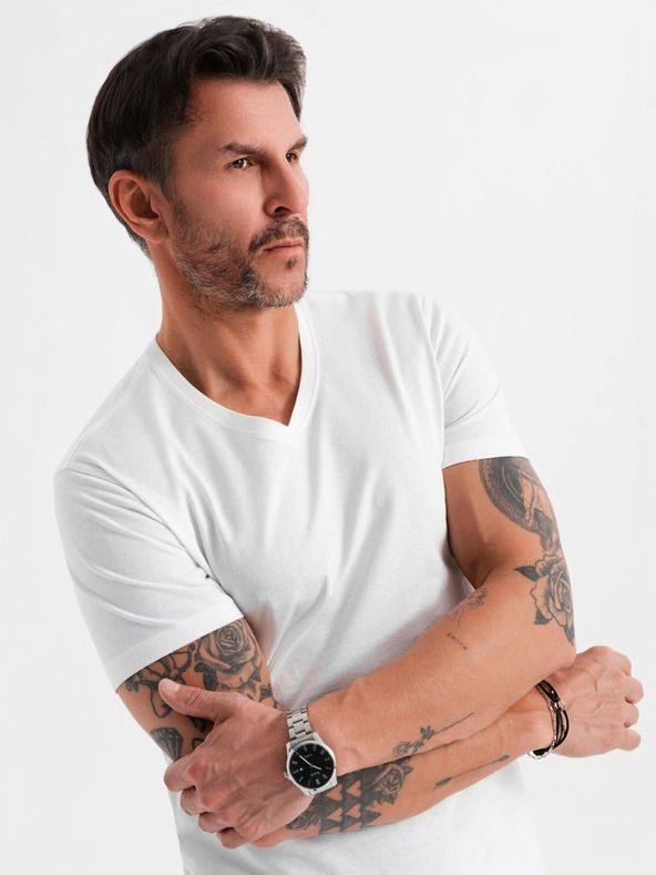 Ombre Clothing Férfi klasszikus pamut póló BASIC V-nyakkal - fehér