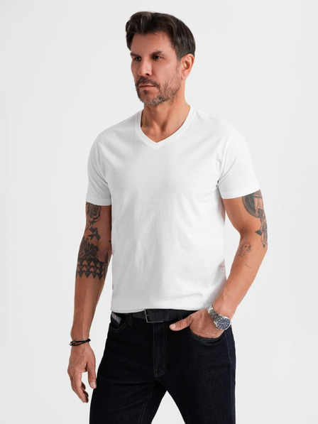 Ombre Clothing Férfi klasszikus pamut póló BASIC V-nyakkal - fehér