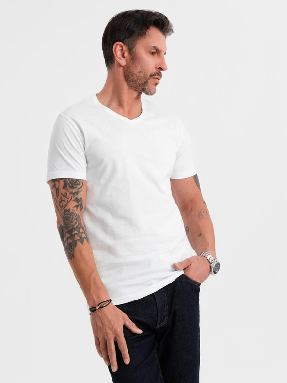 Ombre Clothing Férfi klasszikus pamut póló BASIC V-nyakkal - fehér