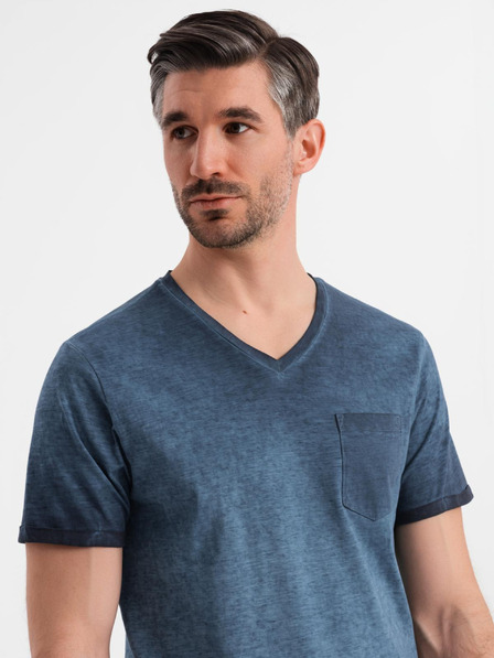 Ombre Clothing Férfi V-nyakú, mosott hatású pamut póló - sötétkék