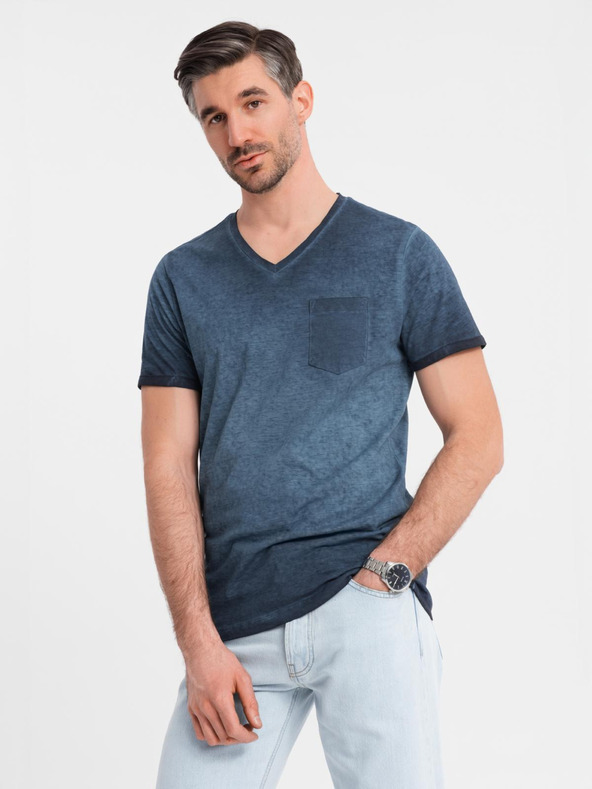 Ombre Clothing Férfi V-nyakú, mosott hatású pamut póló - sötétkék