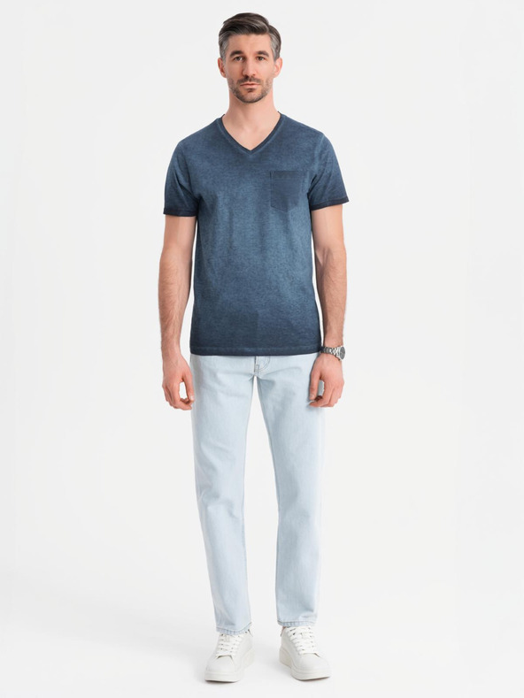 Ombre Clothing Férfi V-nyakú, mosott hatású pamut póló - sötétkék