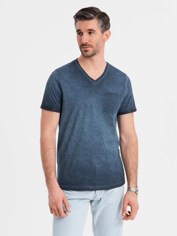 Ombre Clothing Férfi V-nyakú, mosott hatású pamut póló - sötétkék