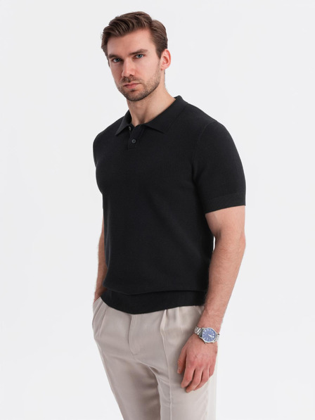 Ombre Clothing Férfi strukturált kötött pamut póló - fekete