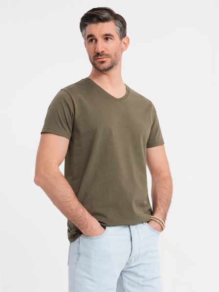 Ombre Clothing BASIC férfi klasszikus V-nyakú pamut póló - sötét olívazöld