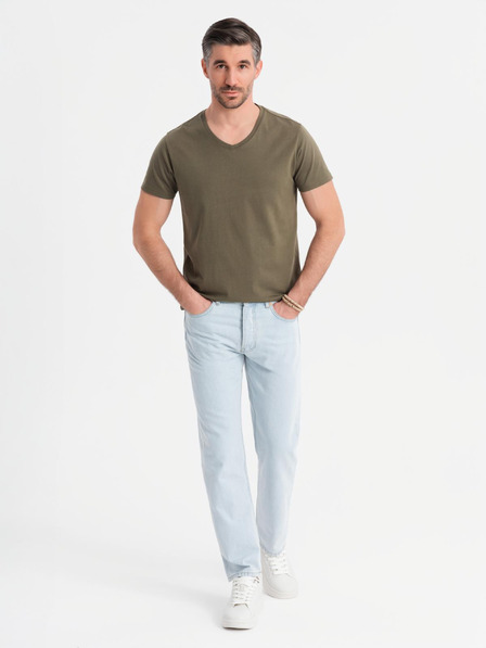 Ombre Clothing BASIC férfi klasszikus V-nyakú pamut póló - sötét olívazöld