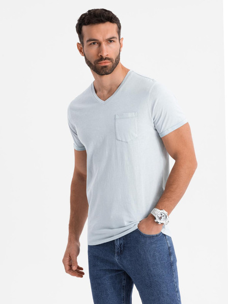 Ombre Clothing Férfi V-nyakú, mosott hatású pamut póló - szürke