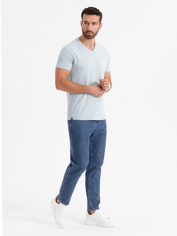 Ombre Clothing Férfi V-nyakú, mosott hatású pamut póló - szürke