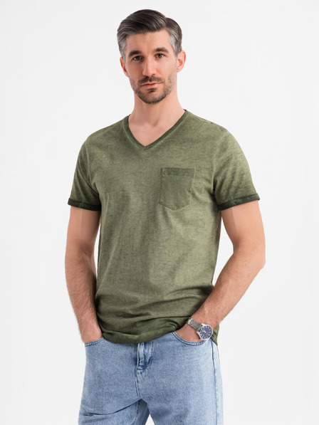 Ombre Clothing Férfi V-nyakú, mosott hatású pamut póló - olíva