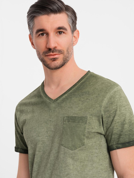 Ombre Clothing Férfi V-nyakú, mosott hatású pamut póló - olíva