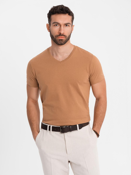 Ombre Clothing BASIC férfi klasszikus V-nyakú pamut póló - barna