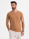 Ombre Clothing BASIC férfi klasszikus V-nyakú pamut póló - barna