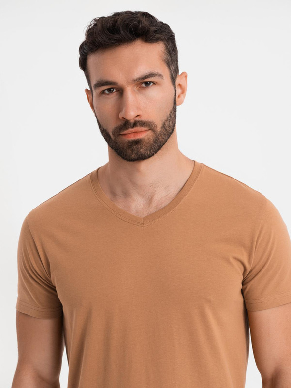 Ombre Clothing BASIC férfi klasszikus V-nyakú pamut póló - barna