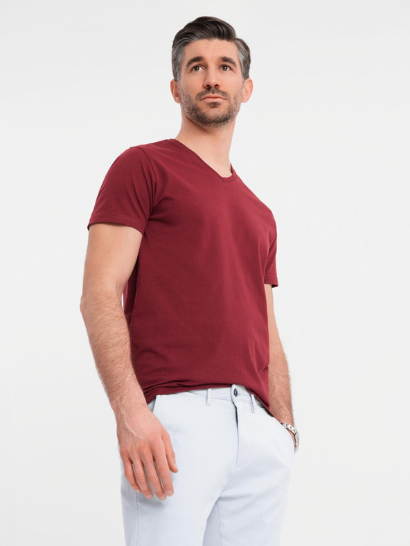 Ombre Clothing BASIC férfi klasszikus V-nyakú pamut póló - bordó