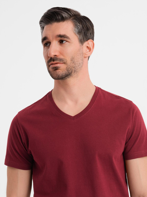 Ombre Clothing BASIC férfi klasszikus V-nyakú pamut póló - bordó