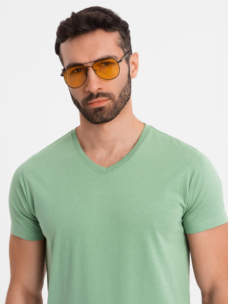 Ombre Clothing BASIC férfi klasszikus V-nyakú pamut póló - zöld