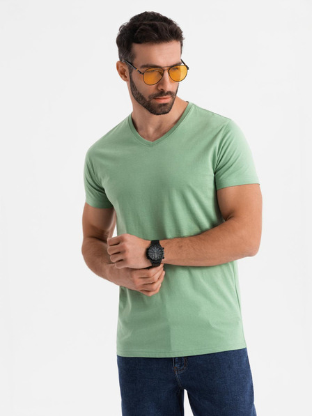 Ombre Clothing BASIC férfi klasszikus V-nyakú pamut póló - zöld