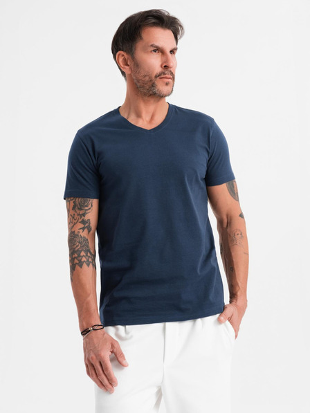 Ombre Clothing BASIC férfi klasszikus V-nyakú pamut póló - sötétkék