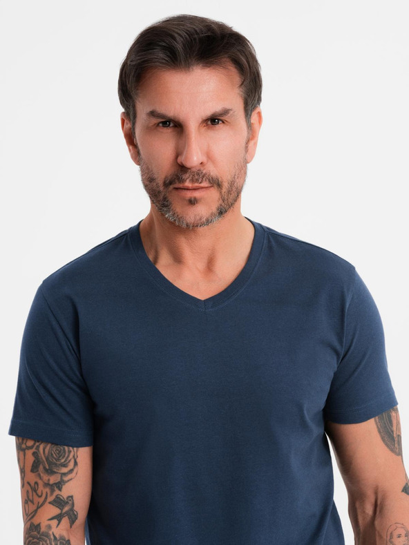 Ombre Clothing BASIC férfi klasszikus V-nyakú pamut póló - sötétkék