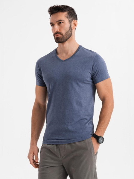Ombre Clothing BASIC férfi klasszikus V-nyakú pamut póló - kék melír