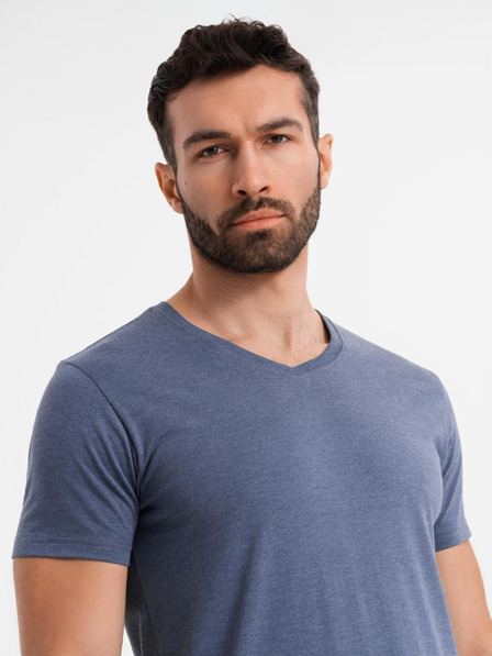 Ombre Clothing BASIC férfi klasszikus V-nyakú pamut póló - kék melír