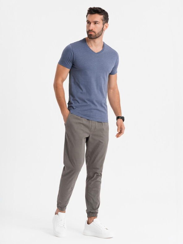 Ombre Clothing BASIC férfi klasszikus V-nyakú pamut póló - kék melír